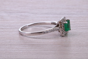 Square cut Natural Emerald Halo and Shoulder set With Diamonds in This 18ct White Gold Ring