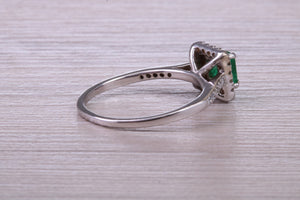 Square cut Natural Emerald Halo and Shoulder set With Diamonds in This 18ct White Gold Ring