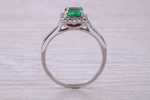 Square cut Natural Emerald Halo and Shoulder set With Diamonds in This 18ct White Gold Ring