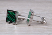 Load image into Gallery viewer, Real Malachite set Gentleman&#39;s Solid Sterling Silver Cufflinks