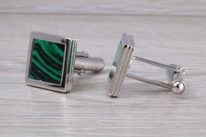 Real Malachite set Gentleman's Solid Sterling Silver Cufflinks