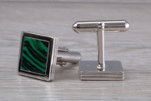 Load image into Gallery viewer, Real Malachite set Gentleman&#39;s Solid Sterling Silver Cufflinks