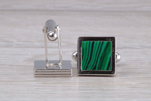 Load image into Gallery viewer, Real Malachite set Gentleman&#39;s Solid Sterling Silver Cufflinks