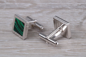 Real Malachite set Gentleman's Solid Sterling Silver Cufflinks