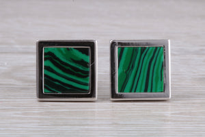 Real Malachite set Gentleman's Solid Sterling Silver Cufflinks