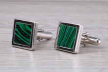 Load image into Gallery viewer, Real Malachite set Gentleman&#39;s Solid Sterling Silver Cufflinks