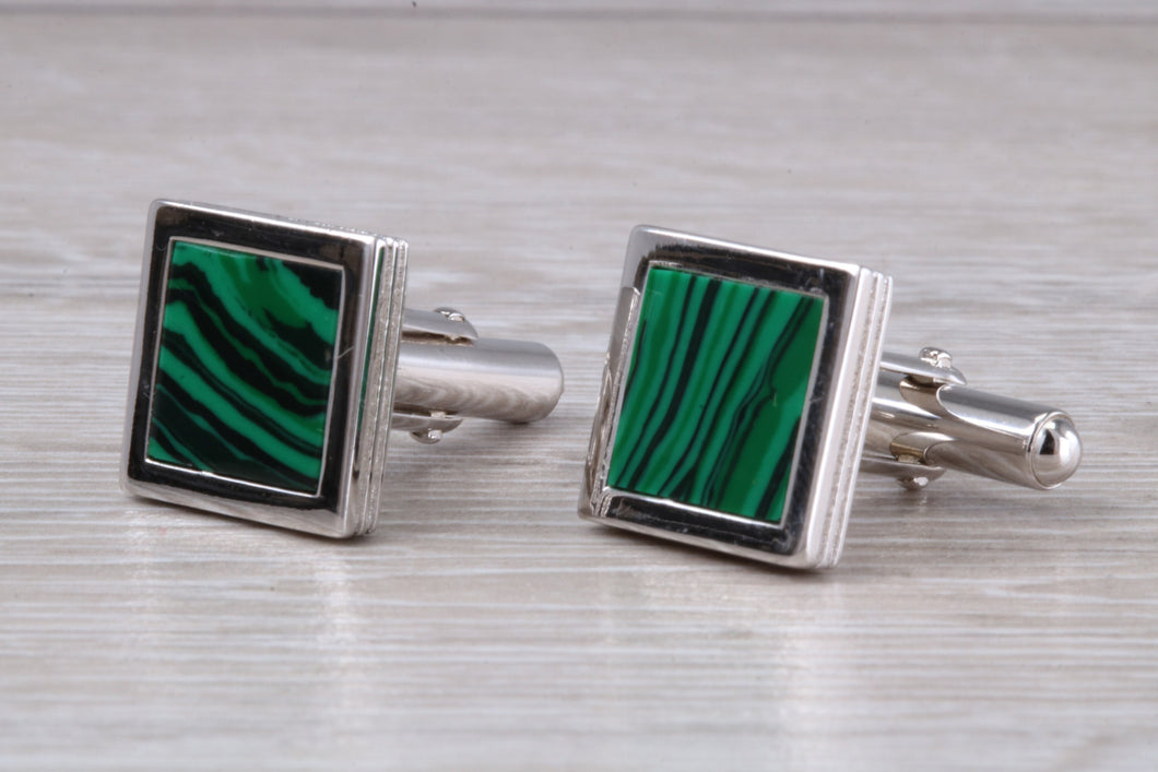 Real Malachite set Gentleman's Solid Sterling Silver Cufflinks