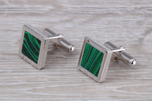 Load image into Gallery viewer, Real Malachite set Gentleman&#39;s Solid Sterling Silver Cufflinks