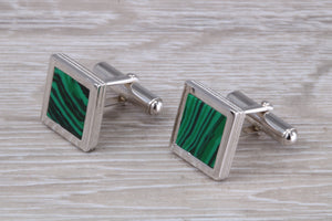 Real Malachite set Gentleman's Solid Sterling Silver Cufflinks