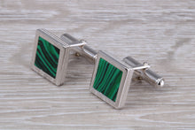 Load image into Gallery viewer, Real Malachite set Gentleman&#39;s Solid Sterling Silver Cufflinks