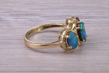 Load image into Gallery viewer, Beautiful Fiery Natural Opal and Diamonds set Trilogy Gold Ring