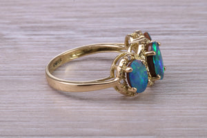 Beautiful Fiery Natural Opal and Diamonds set Trilogy Gold Ring