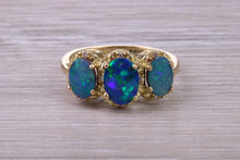 Load image into Gallery viewer, Beautiful Fiery Natural Opal and Diamonds set Trilogy Gold Ring