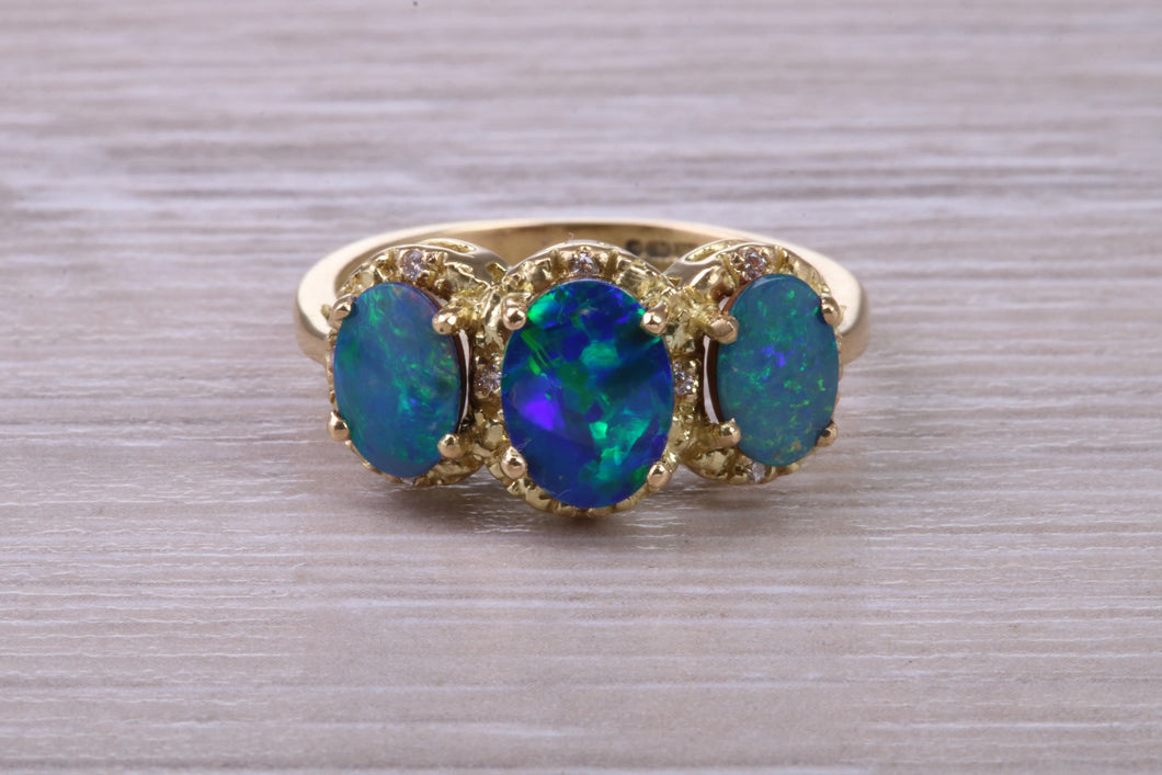 Beautiful Fiery Natural Opal and Diamonds set Trilogy Gold Ring