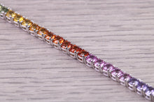 Load image into Gallery viewer, Seven carats Multi Coloured Natural Sapphire set Solid White Gold Tennis Bracelet, All Real Rainbow Coloured Sapphires, British Hallmarked