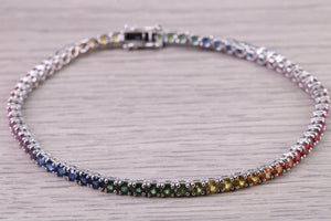 Five carats Multi Coloured Natural Sapphire set Solid White Gold Tennis Bracelet, All Real Rainbow Coloured Sapphires, British Hallmarked