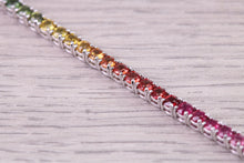 Load image into Gallery viewer, Five carats Multi Coloured Natural Sapphire set Solid White Gold Tennis Bracelet, All Real Rainbow Coloured Sapphires, British Hallmarked