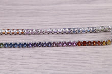 Load image into Gallery viewer, Seven carats Multi Coloured Natural Sapphire set Solid White Gold Tennis Bracelet, All Real Rainbow Coloured Sapphires, British Hallmarked