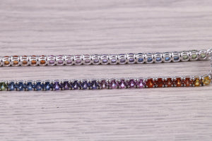 Seven carats Multi Coloured Natural Sapphire set Solid White Gold Tennis Bracelet, All Real Rainbow Coloured Sapphires, British Hallmarked