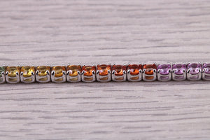 Seven carats Multi Coloured Natural Sapphire set Solid White Gold Tennis Bracelet, All Real Rainbow Coloured Sapphires, British Hallmarked