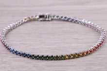 Load image into Gallery viewer, Five carats Multi Coloured Natural Sapphire set Solid White Gold Tennis Bracelet, All Real Rainbow Coloured Sapphires, British Hallmarked