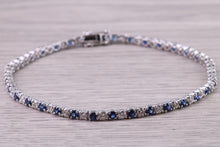 Load image into Gallery viewer, Five carats Natural Blue Sapphire and Diamonds set White Gold Tennis Bracelet, British Hallmarked