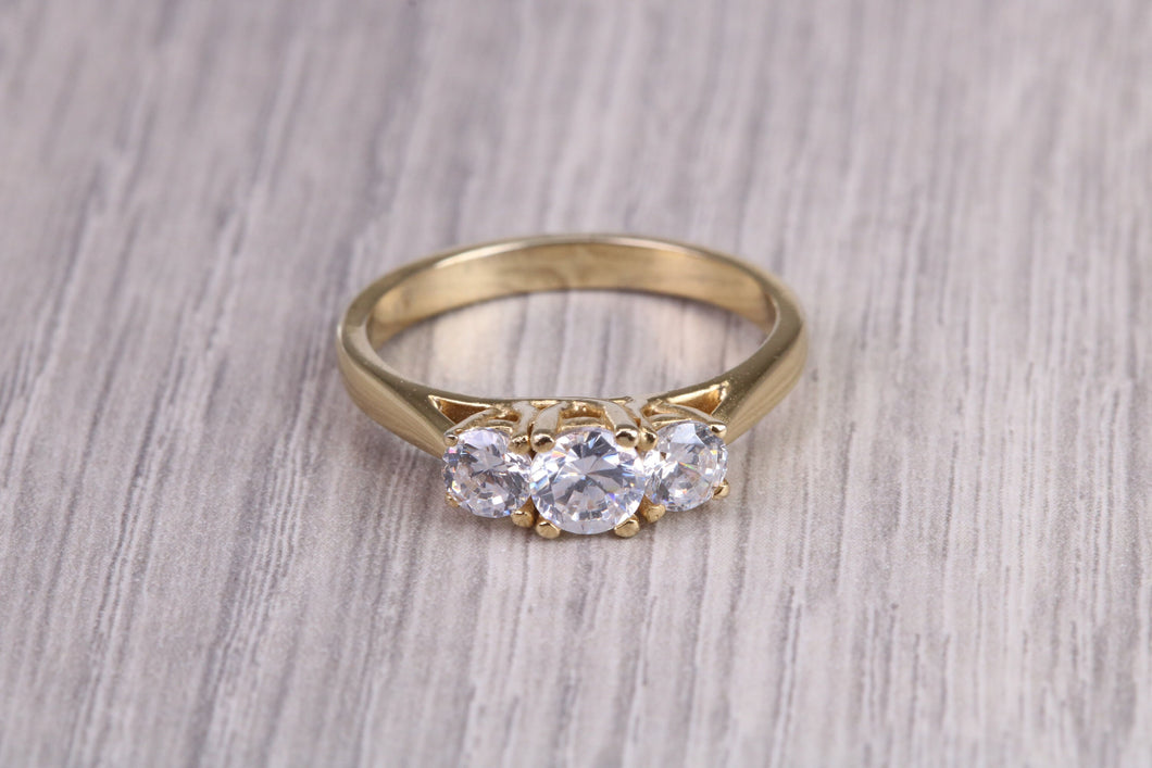 75 Points Natural Round cut Diamond set 18ct Yellow Gold Trilogy Ring, British Hallmarked, F VS Graded Diamonds